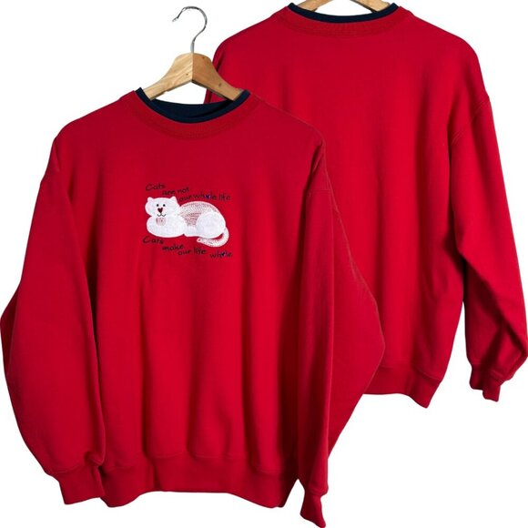 Vtg Deadstock Cat Lover Applique Mock Neck Sweatshirt Pullover Womens Medium Red - Picture 1 of 11